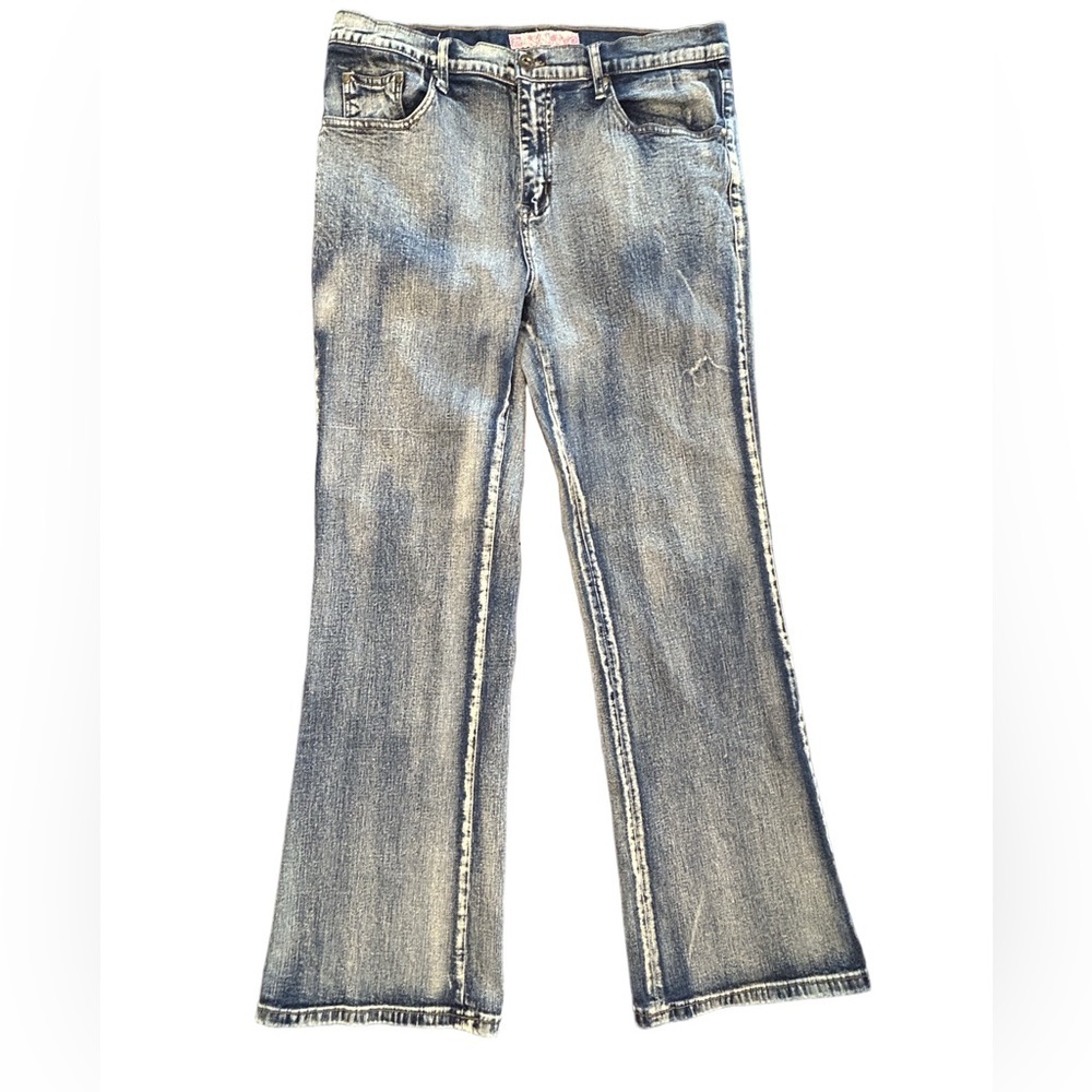 VTG Y2K Sassy Thai acid mud wash faded bohemian worn look flare leg jeans 12 REG
